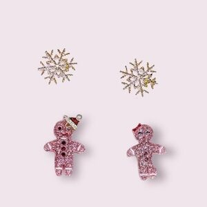 Betsey Johnson Pink Gingerbread & Snowflake Stud  Earrings Set